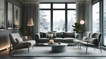 Fototapeta premium Cozy Scandinavian lounge with minimalist gray sofa clean design features and wide windows bringing daylight into the space for a relaxing vibe Modern Interior Design Inspiration