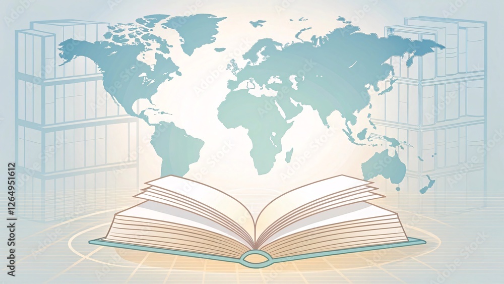 Poster exploring knowledge through an open book global awareness digital illustration educational environme