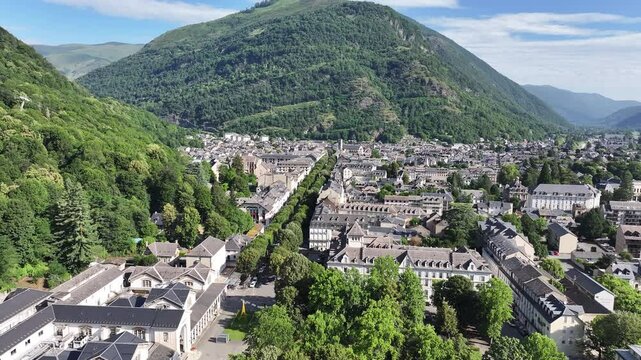 Drone video of the town of Bagneres de Luchon, France Pyrenees 1