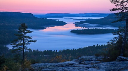 Fototapeta premium Spectacular sunrise at Minnewaska State Park Preserve with foggy lake view