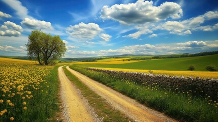 Obraz premium Country road through yellow flower field, sunny day