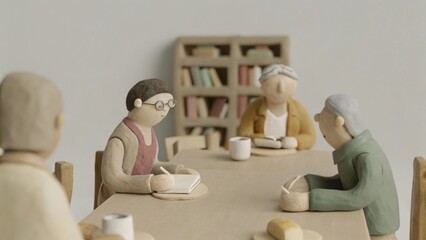 A lively scene at a coffee shop where seniors gather around a large table some scribbling in notebooks while discussing the latest plot twist. Cups of steaming coffee and pastries. art illustration