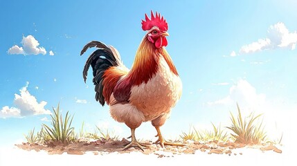 Rooster in Sunny Meadow  Farm Animal  Colorful Bird  Spring  Countryside