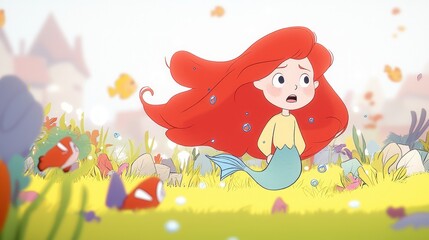 Obraz premium Adorable Mermaid in Underwater Meadow Cartoon Illustration