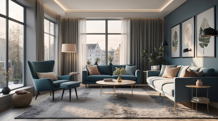 Fototapeta premium Inviting Scandinavian inspired lounge featuring gray neutral sofa minimalist design and wide windows filling the room with bright natural light Modern Interior Design Inspiration