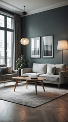 Fototapeta premium Inviting Scandinavian inspired lounge with gray neutral couch minimalist design and expansive windows allowing natural light to create a peaceful setting Modern Interior Design Inspiration