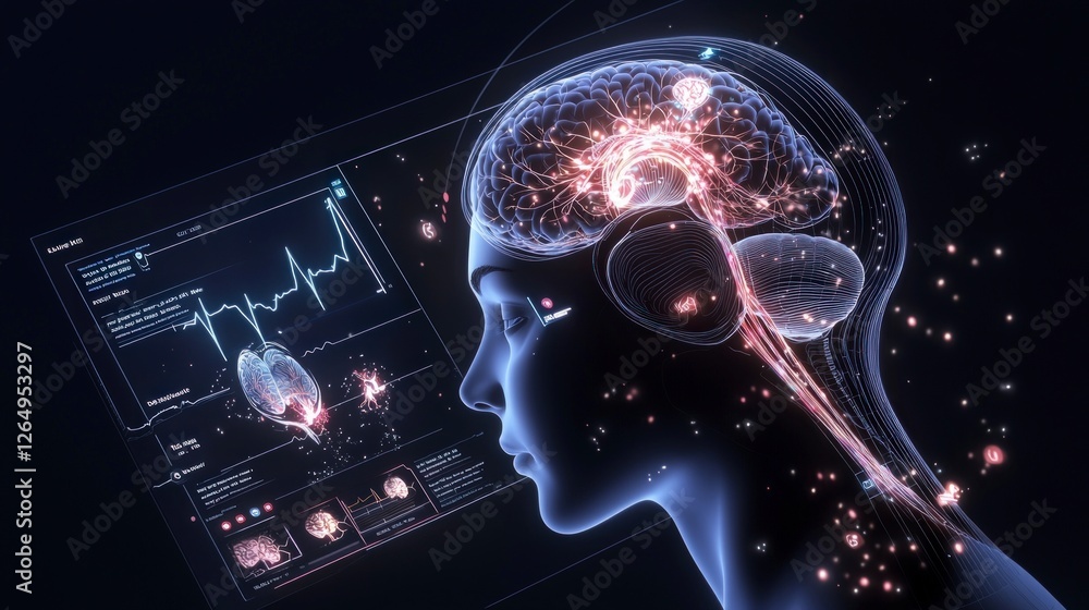 Poster futuristic neurology ai brain scan cognitive health digital interface