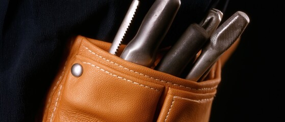Close-up of a leather pouch with a set of tools inside. the pouch appears to be made of brown leather and has a small button on the left side.