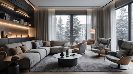 Fototapeta premium Minimalist Scandinavian lounge interior featuring gray couch contemporary design and wide windows creating a bright and welcoming living area Modern Interior Design Inspiration