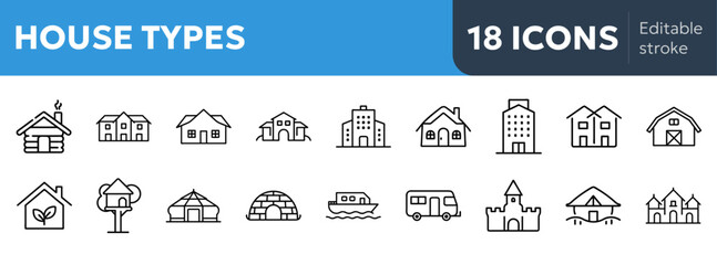 house type real estate icons including single-family home, apartment building, townhouse, villa, cottage, log cabin, tiny house, mansion