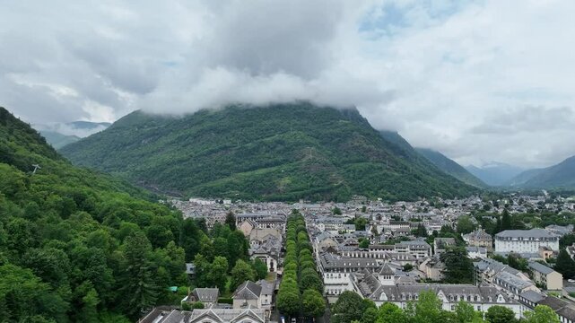 Drone video of the town of Bagneres de Luchon, France Pyrenees 7