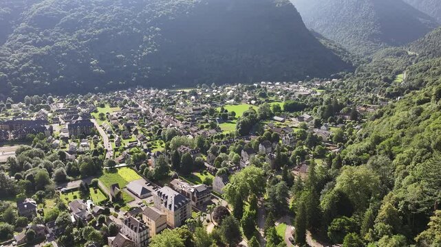 Drone video of the town of Bagneres de Luchon, France Pyrenees 5