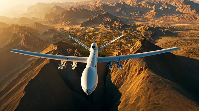 Military drone flying above mountain and desert during war mission