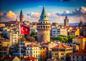 Fototapeta premium Istanbul Galata Tower & Turkish Flag: Miniature Tilt-Shift Cityscape