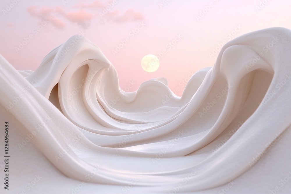 Poster smooth waves of milk cascade endlessly across a vast landscape, illuminated by a softly glowing full