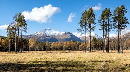 Autumn Meadow With Pine Trees And Snow Capped Mountains