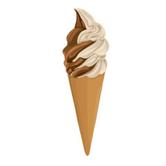 Vector illustration of ice cream in waffle cone on white background