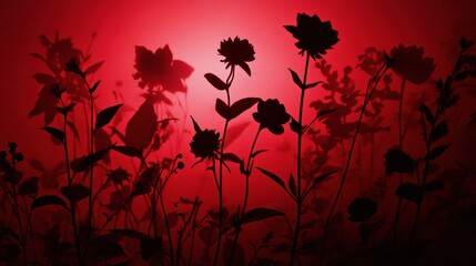 silhouette of shadows of poisonous flowers on a dark red background