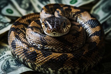 Obraz premium A snake is curled up on top of a pile of money