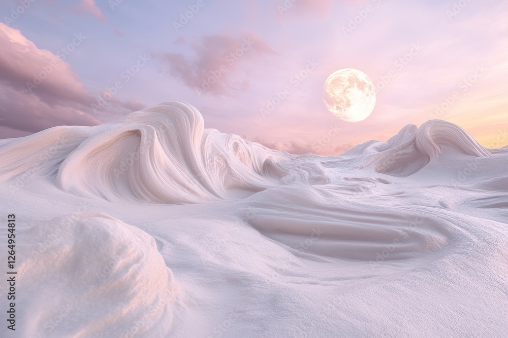 Poster smooth waves resembling milk cascade endlessly across a vast landscape, illuminated by the soft glow