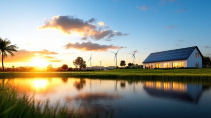 Fototapeta premium Stunning futuristic eco technology campus with wind turbines solar panels and a reflecting lake against a vibrant sunset sky