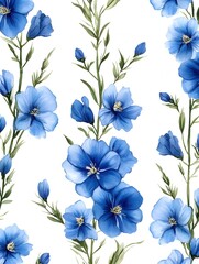 Fototapeta premium Watercolor Blue Flax Floral Pattern Delicate Botanical Design on White Background