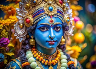 Janmashtami: Krishna Blue Figure with Golden Jewelry & Floral Crown - Art Nouveau Portrait