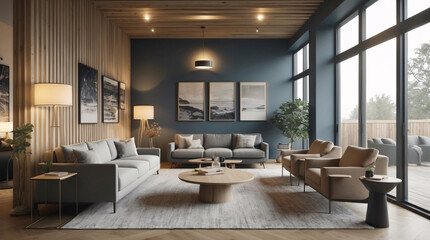 Fototapeta premium Modern Scandinavian lounge interior showcasing a neutral gray couch minimalist design elements and large windows allowing sunlight to illuminate the space Modern Interior Design Inspiration