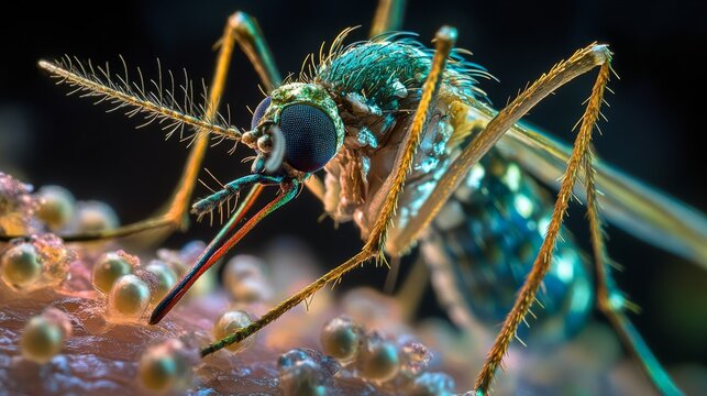 A high-resolution image of an Aedes aegypti mosquito on human skin, with a microscopic view of the virus particles emerging from the mosquito&trade;s mouthparts