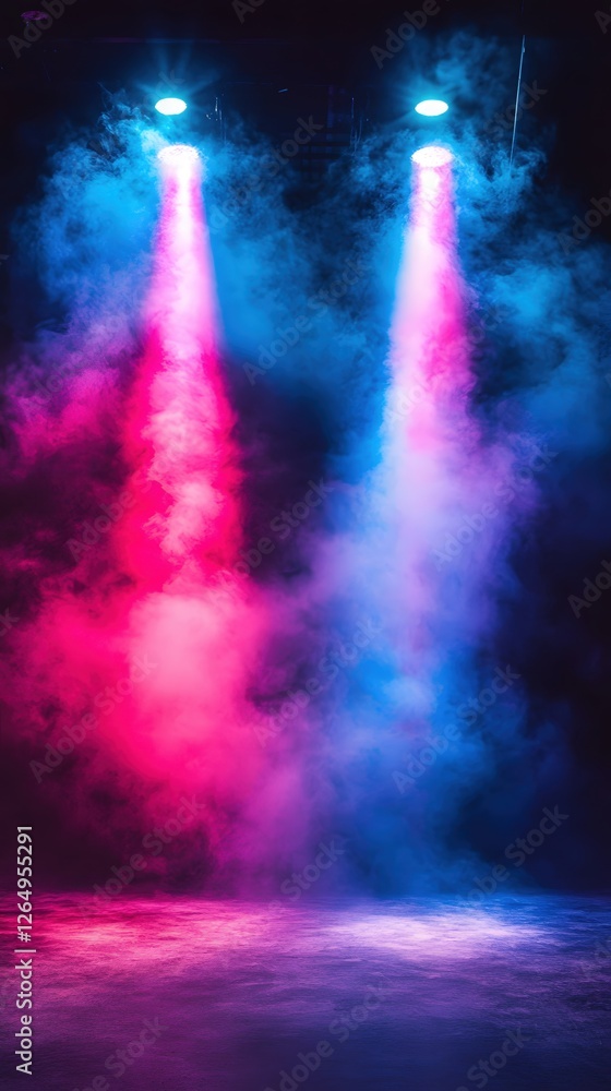 Poster stage illumination with vibrant hues and fog creating an atmospheric and dynamic visual
