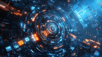 Obraz premium A visually compelling abstract science-fiction illustration of futuristic digital technology with bright neon accents.