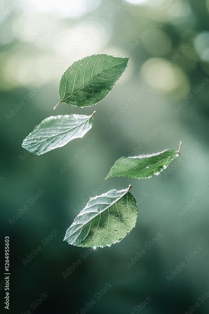 Poster fresh herbal leaves and sparkling dewdrops hover gracefully in a vibrant sky, bathed in soft sunligh