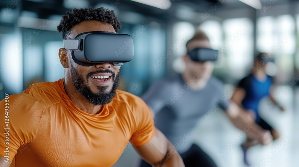 Poster man performing intense virtual reality fitness routines in a neon lit gym environment showcasing the