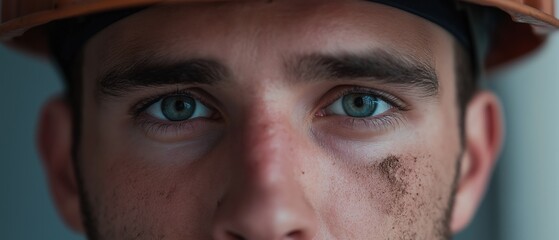 Close-up of a man's face. he is wearing a brown hard hat with a black visor. the man has blue eyes and is looking directly at the camera.