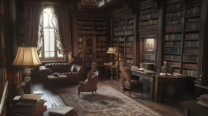 Grand Library: A Serene, Dark-Wood Study with Leather Seating