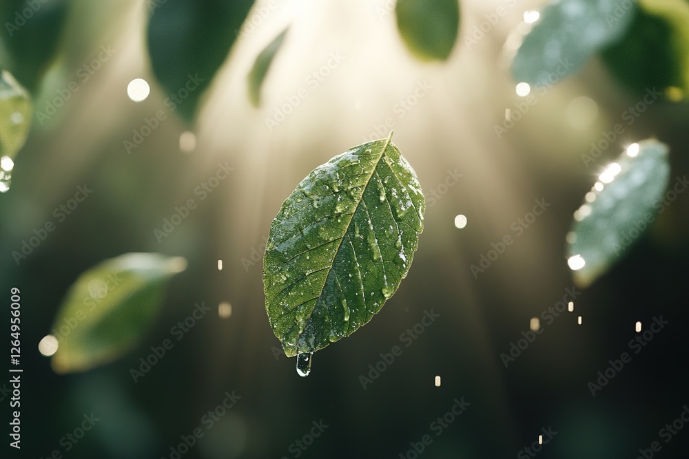 Poster herbal leaves and shimmering dewdrops float effortlessly in a luminous sky. sunlight breaks through 