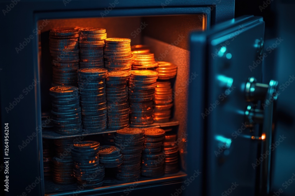 Poster a large number of coins are piled up inside a safe