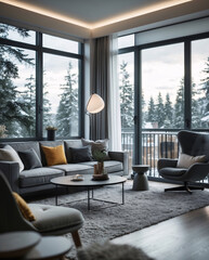 Fototapeta premium Relaxing Scandinavian inspired lounge with gray neutral sofa minimalist decor and wide windows that flood the space with sunlight Modern Interior Design Inspiration
