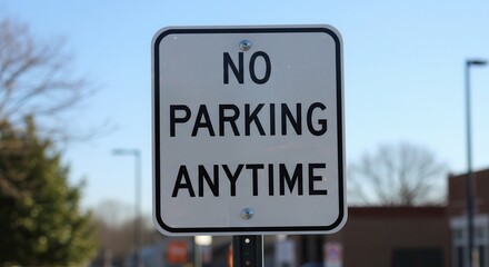 Obraz premium No Parking Anytime Sign in Urban Setting with Blurred Background