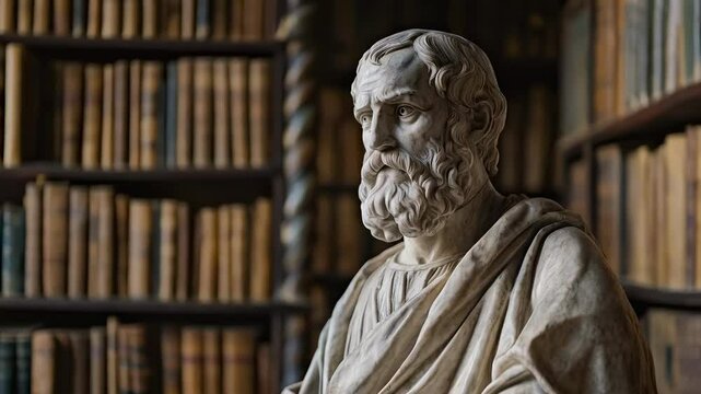 World Historian's Day, statue of the Greek philosopher in the library
