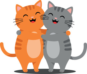 Obraz premium Two cheerful cats embracing each other in flat vector art