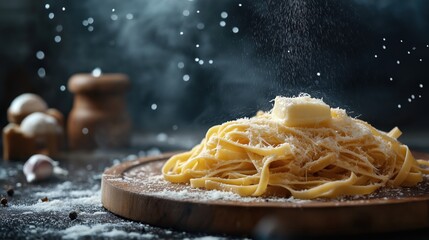 A plate of fettuccine pasta topped with freshly grated parmesan cheese and a dollop of butter, garnished with fresh basil leaves and cracked black pepper. Ideal for Italian cuisine promotions, food st