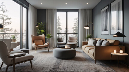 Fototapeta premium Scandinavian inspired lounge with a comfortable gray sofa sleek minimalist design and expansive windows offering an abundance of natural light Modern Interior Design Inspiration