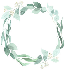 Floral frame with hand painted watercolor eucalyptus leaves in green colors. Decorative wreath perfect for card making and wedding invitation