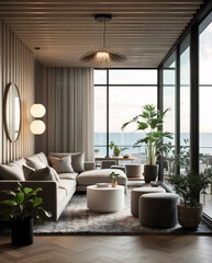 Fototapeta premium Serene Scandinavian inspired lounge with a comfortable gray sofa minimalist decor and wide windows providing daylight and a peaceful atmosphere Modern Interior Design Inspiration