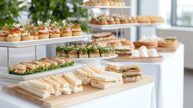 A beautifully arranged buffet table with various gourmet sandwiches and appetizers, perfect for events and gatherings.