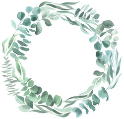 Floral frame with hand painted watercolor eucalyptus leaves in green colors. Decorative wreath perfect for card making and wedding invitation