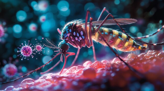 A high-resolution image of an Aedes aegypti mosquito on human skin, with a microscopic view of the virus particles emerging from the mosquitos mouthparts 