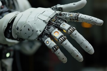 A robotic hand with a yellow button on it