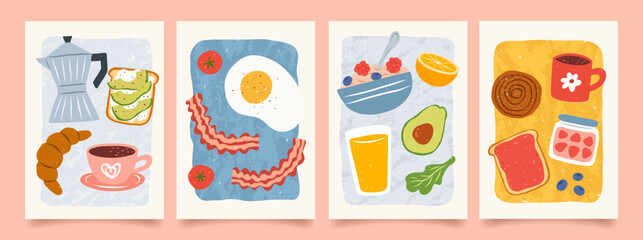 Hand drawn breakfast illustrations. Abstract trendy posters with coffee, fried egg, bacon, citrus juice, avocado, tomato, toast in jam. Minimalist prints for wall decor, restaurant menu, kitchens.